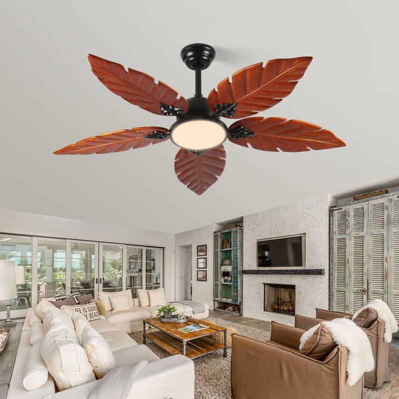 52 Inch Tropical Ceiling Fan with Light, Palm Leaf Indoor/Outdoor Ceiling Fan for Patio and Living Room, Reversible Fan