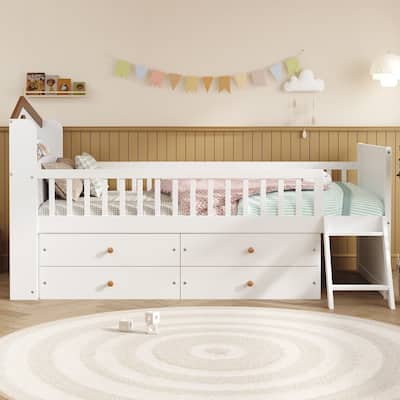 Twin Bed Frame with Storage 4 Drawers,Wooden Bed Frame for Kids,Platform Twin Size Bed with Guardrail Headboard