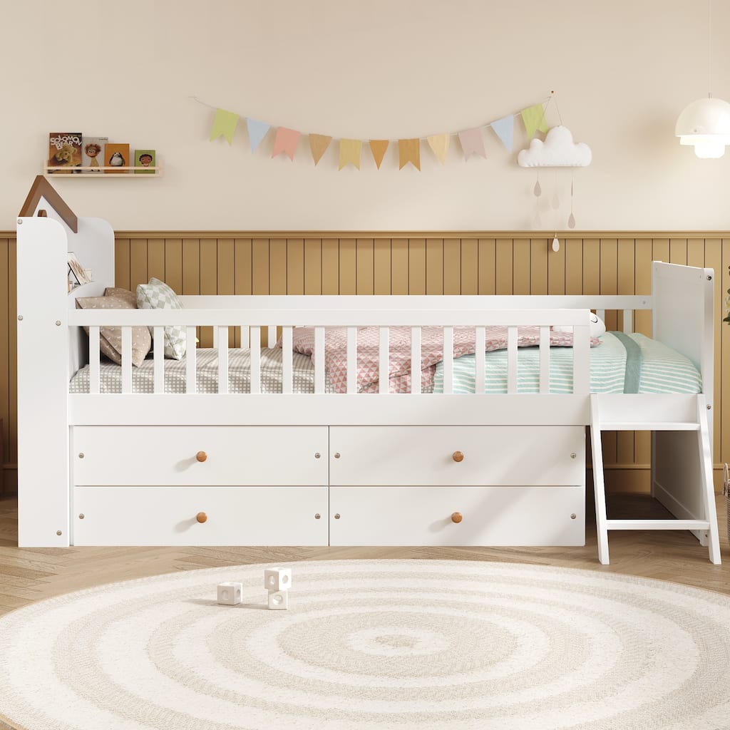Twin Bed Frame with Storage 4 Drawers,Wooden Bed Frame for Kids,Platform Twin Size Bed with Guardrail Headboard