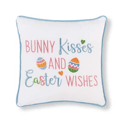 10" x 10" Easter "Bunny Kisses & Easter Wishes" Embroidered Small/Petite Spring Themed Accent Pillow