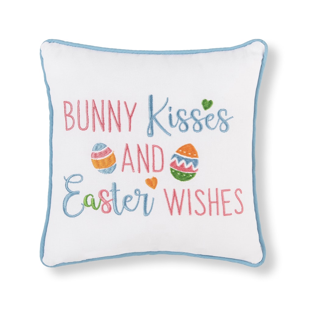 10" x 10" Easter "Bunny Kisses & Easter Wishes" Embroidered Small/Petite Spring Themed Accent Pillow