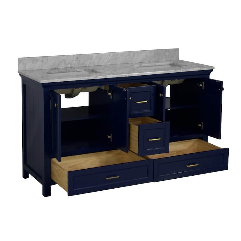 KitchenBathCollection Paige 60" Double Bathroom Vanity with Carrara Marble Top