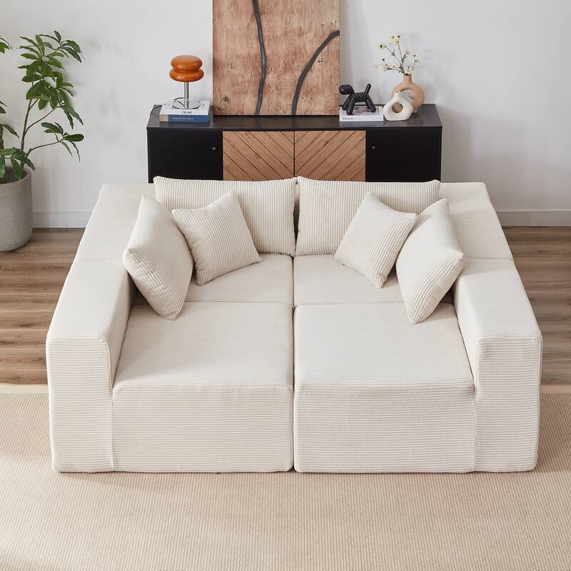 Corduroy Convertible Sectional Cloud Sofa, Foam-Filled Compressed Boneless Sofa, Modular L Shaped Floor 4 Seat Sofa