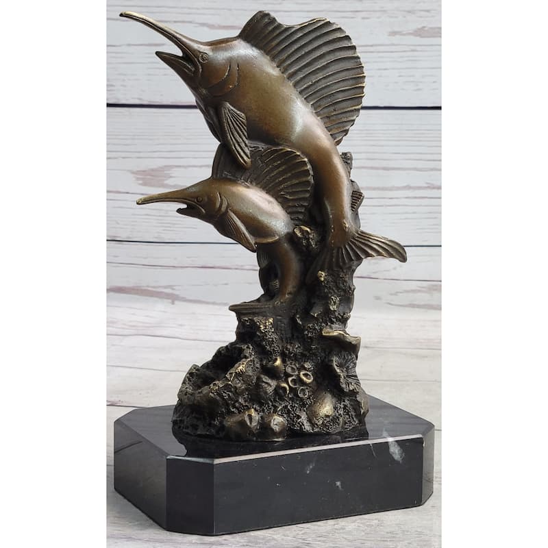 Marlins Sailfish Swordfish Jumping Out Of Ocean Bronze Sculpture Statue Decor On Marble Base