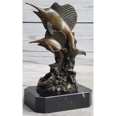 Marlins Sailfish Swordfish Jumping Out Of Ocean Bronze Sculpture Statue Decor On Marble Base