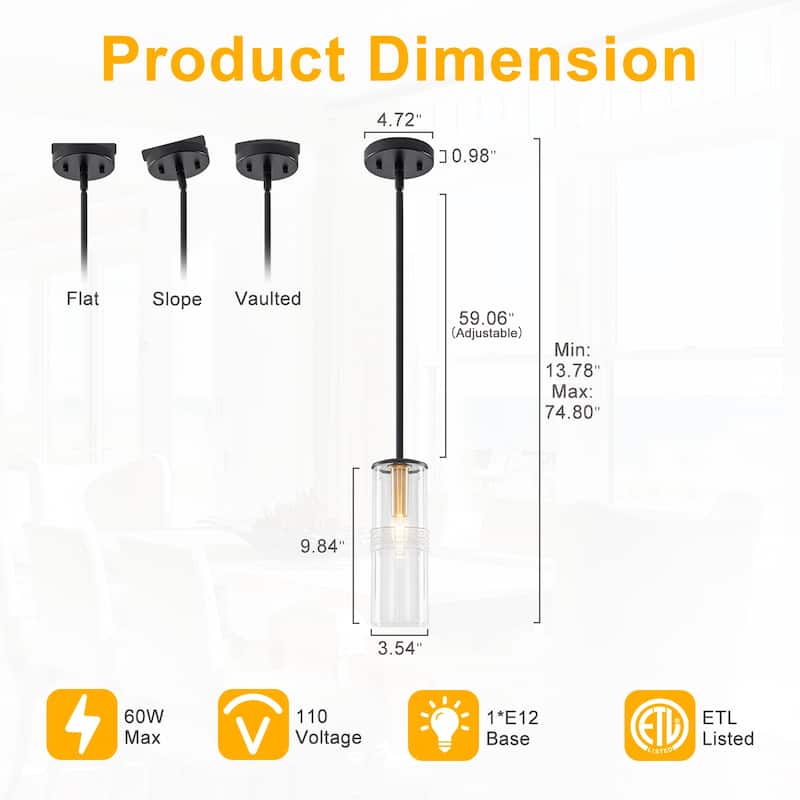 Industrial Black Mini Pendant Light Clear Cylindrical Glass Shade - Dia.3.54-in