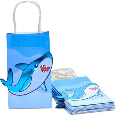 Blue Panda 15 Pack Small Shark Party Bags with Handle for Kids Birthday, Blue, 9 x 5.3 In