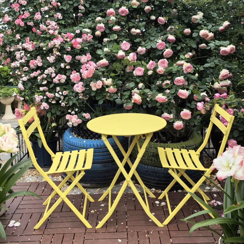 Modern 3 Piece Patio Bistro Set w/ Foldable Round Table and Chairs - Yellow