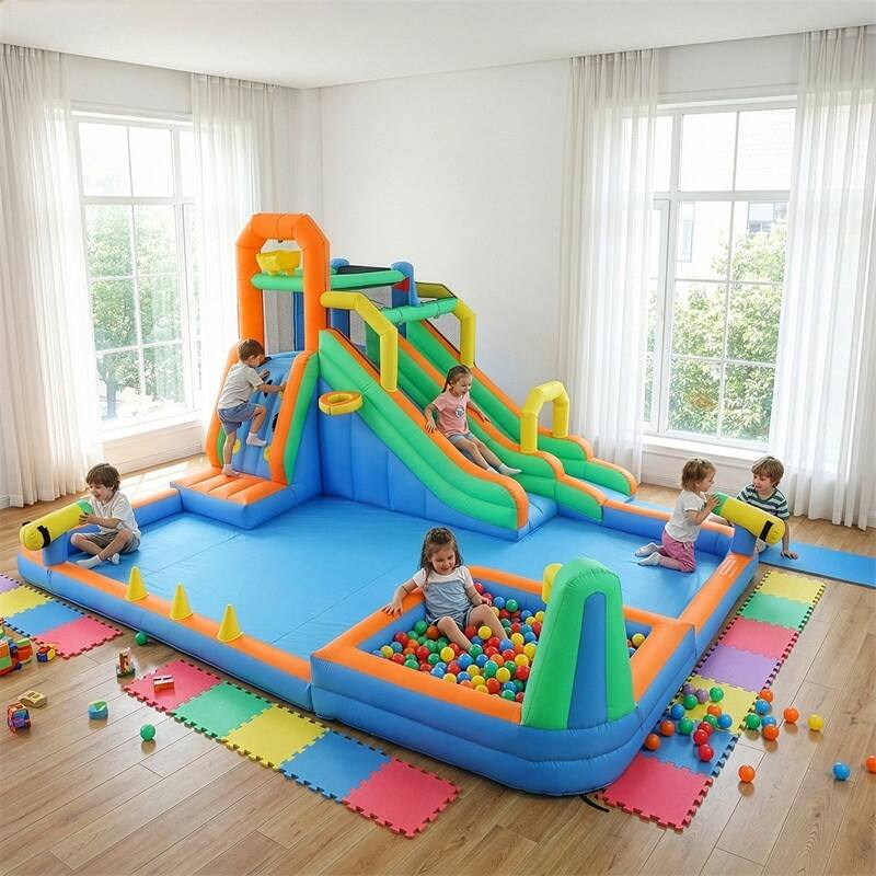 Oxford Cloth Inflatable Castle Bounce House In Blue And Yellow With Double Slides, Climbing Wall And Water Pool - N/A