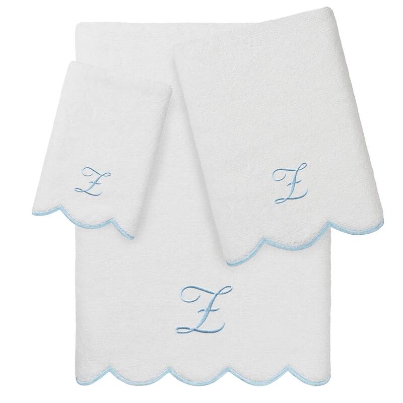 Authentic Hotel and Spa 100% Turkish Cotton Blue ADORNIA Scallop Personalized 3 Piece Towel Set - 3 Piece Set - Z