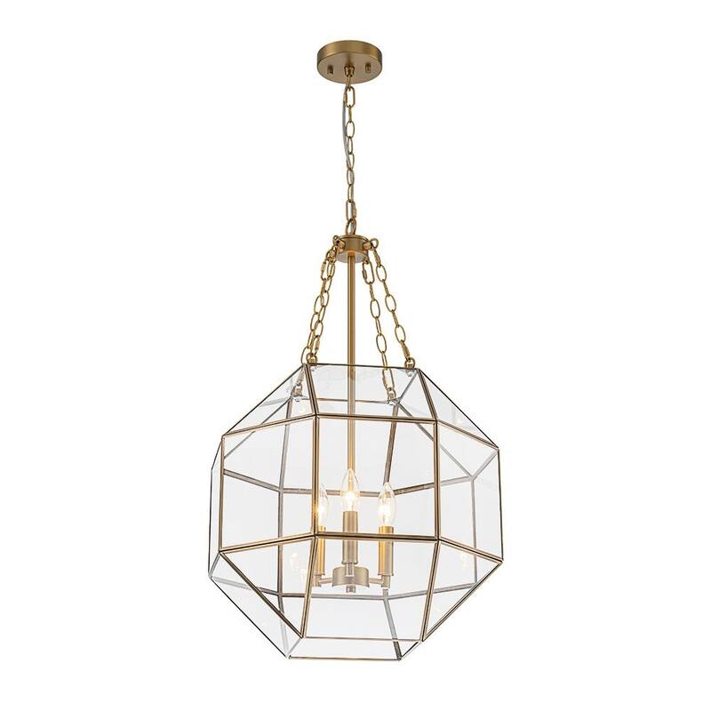 Modern 3-Light Polygonal Cube Clear Glass Metal Lantern Chandelier - 18.1in