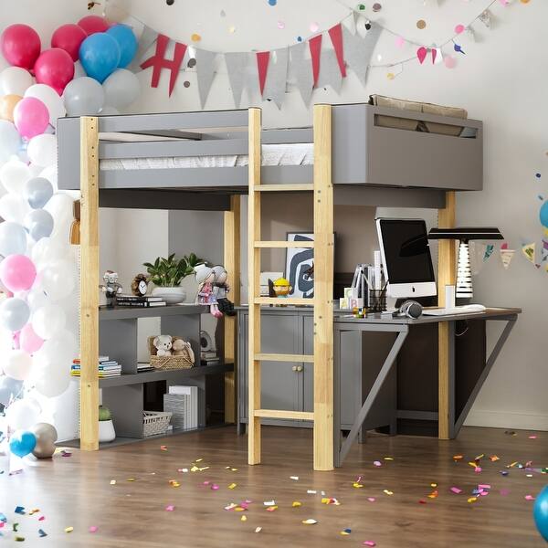 slide 2 of 10, Full Size Wood Loft Bed With Built-in Storage Cabinet and Cubes,Foldable desk,Multiple Choice,2 installation options,Gray Gray