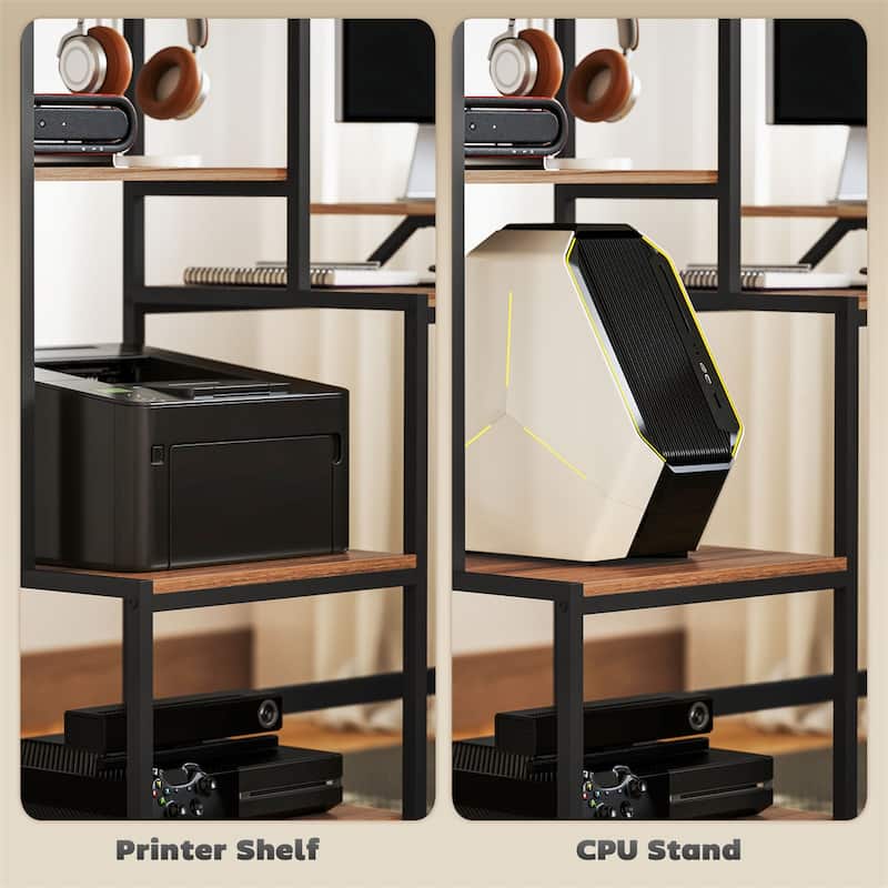 Computer Desk with Four Tier Storage Shelf and Monitor Stand Industrial Brown and Black Design Sturdy Home Office Workstation