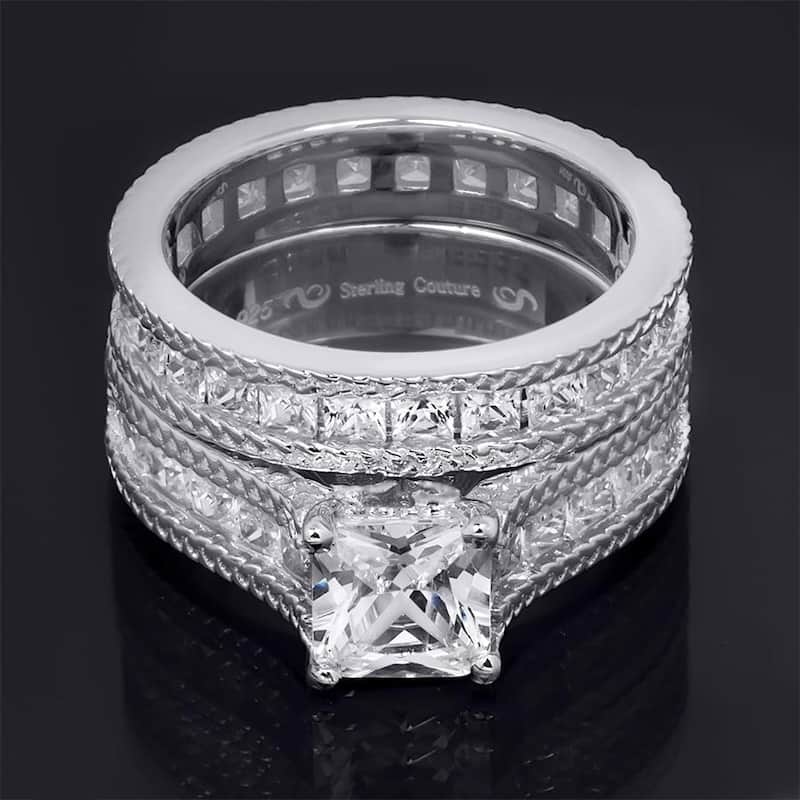 Womens 4.3ct Princess Cut Eternity Band Bridal Ring Set Real Silver