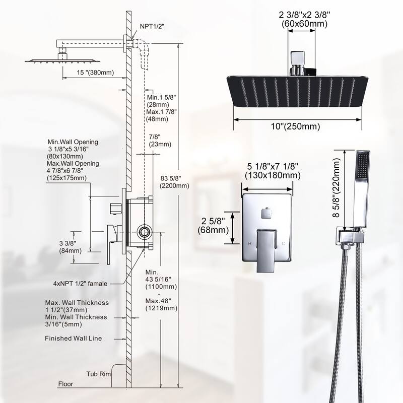 WOWOW 10 in. Square Shower Head 2-Spray Shower Faucet with Single Handle - 10 in.