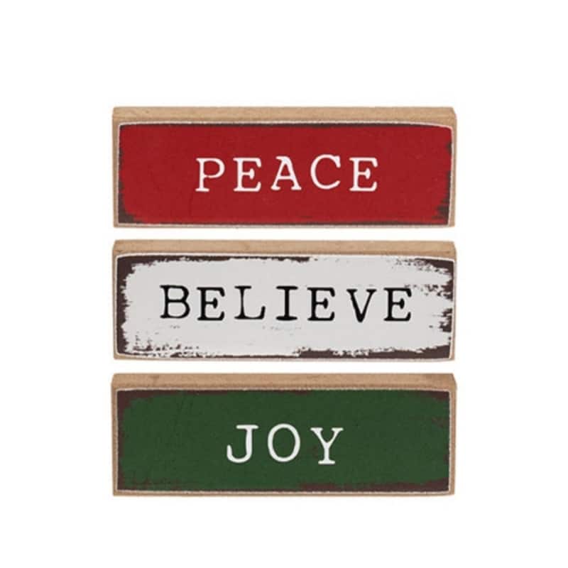 intage Holiday Mini Wooden Blocks Set Joy Believe Peace - 3 Asstd. - 3" x 0.50" x 1" - White-Red-Green