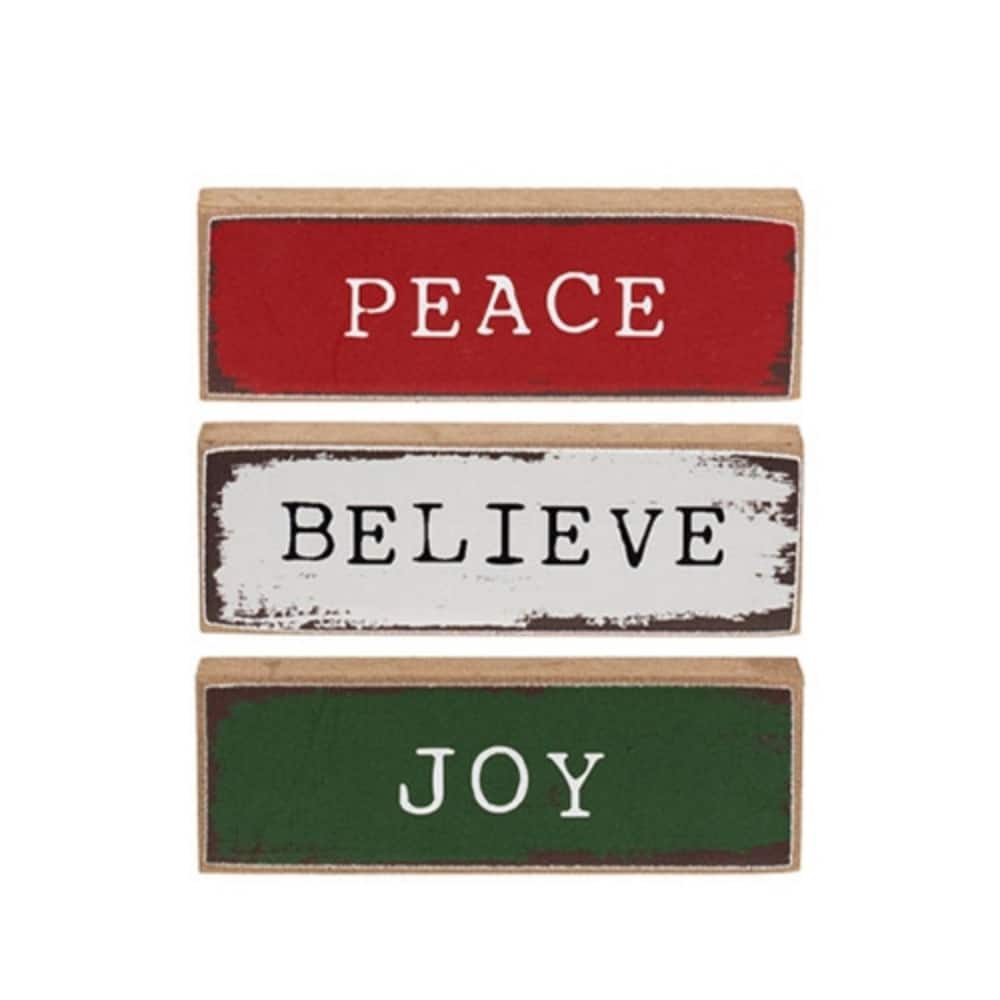 intage Holiday Mini Wooden Blocks Set Joy Believe Peace - 3 Asstd. - 3" x 0.50" x 1"