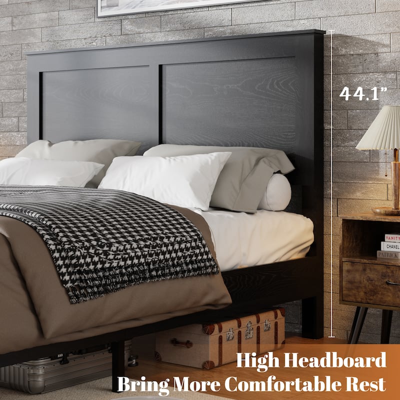 Wooden Platform Bed Frame with High Headboard, Wood Slats and Metal Legs Support, No Box Spring Needed Low Profile Bed Frame