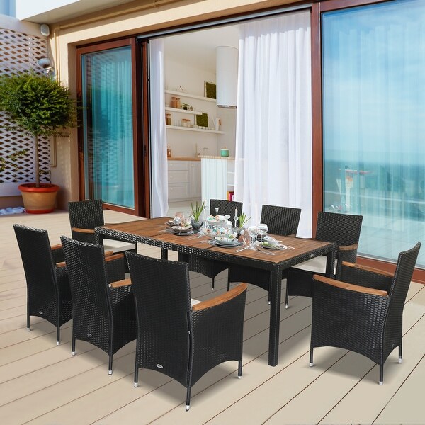 Outsunny 9 PCS Outdoor Patio Dining Sets, Garden PE Rattan Wicker Furniture w/Acacia Wood Table Top and Water-Proof Cushions. Opens flyout.