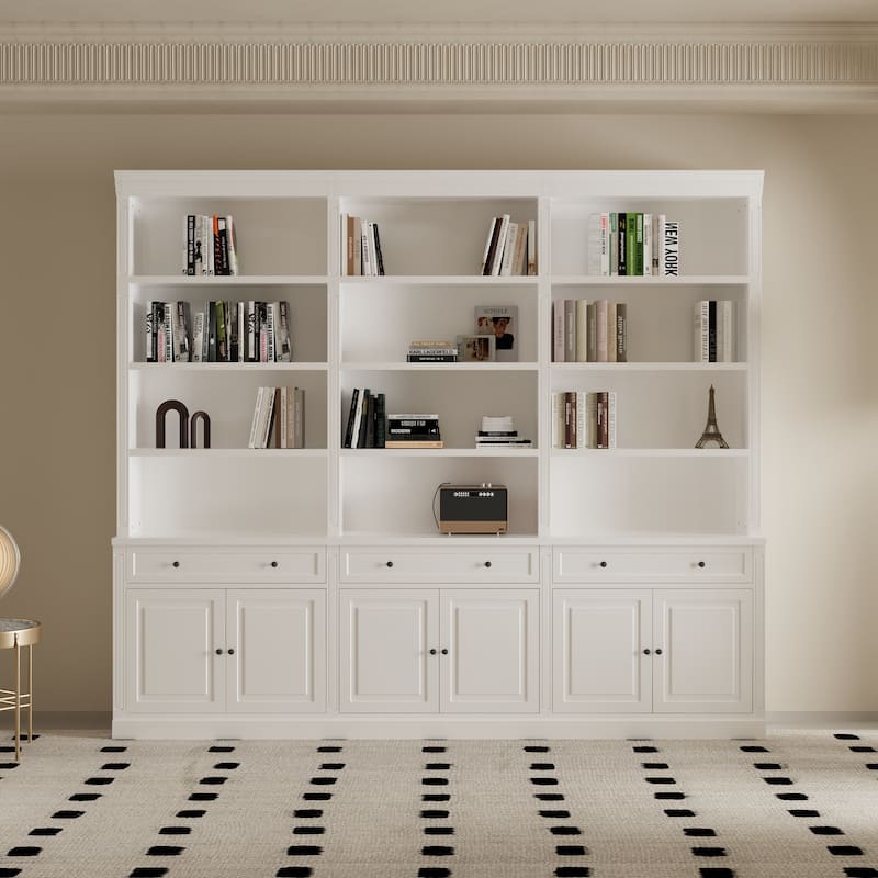 102.4" Large 6-Door Bookshelf w/Drawers Solid Pine Top Display Bookcase Bronze Handles White Storage Cabinet