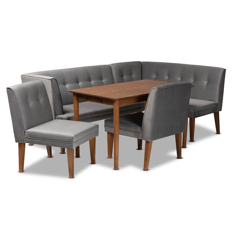 Stewart Mid-Century Grey Velvet Upholstered Wood Dining Nook Set - 5PC Dining Nook Set