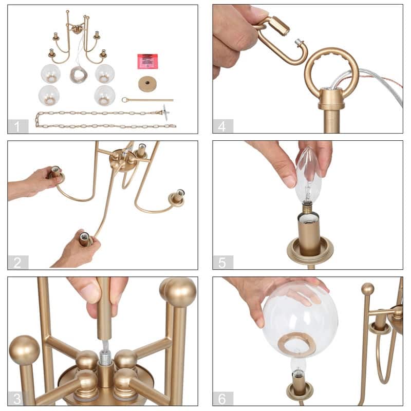 Modern Gold 4-light Chandelier Orb Glass Curve-arm Ceiling Lights for Dining Room - D21.5'' x H84.5''