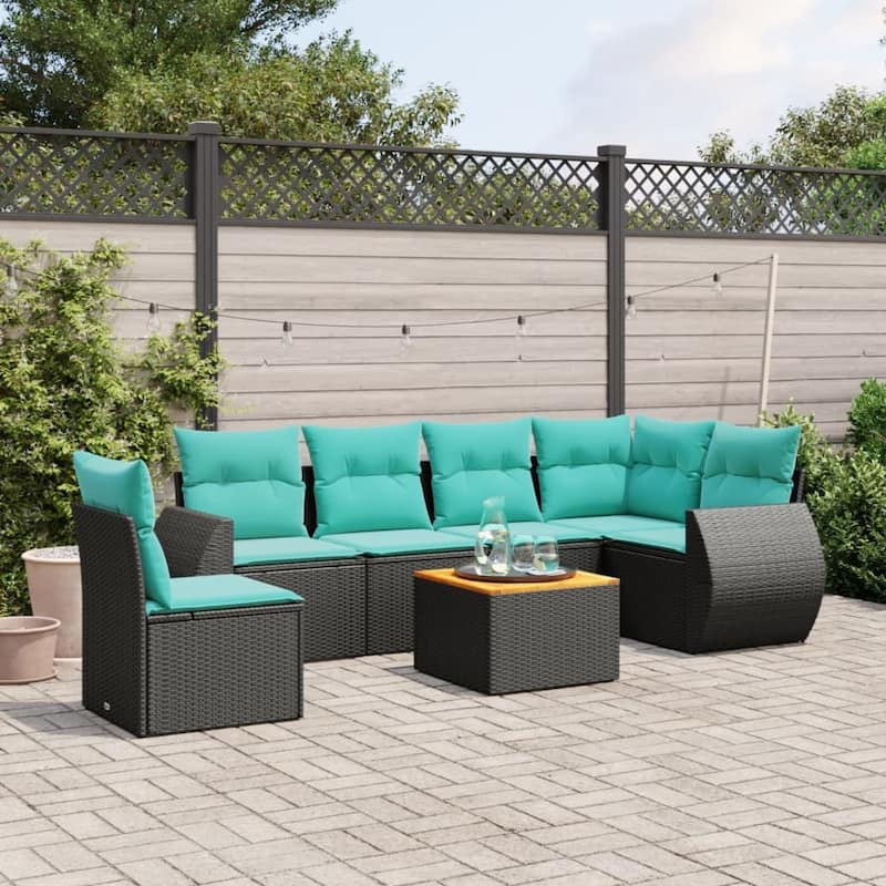 vidaXL 7 Piece Patio Sofa Set with Cushions Black Poly Rattan - 24.4 x 24.4 x 27.2 - Black-3x middle + Table + corner