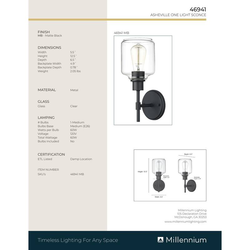 Millennium Lighting Asheville 1 Light 13 inch Wall Sconce with Clear Glass Shades