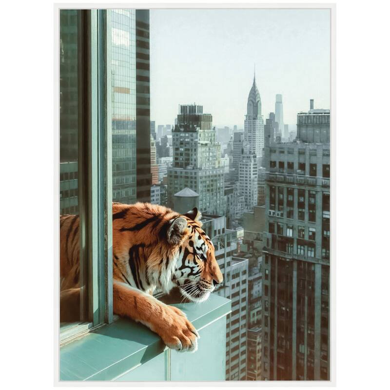 Kate and Laurel Sylvie Urban Tiger Overlooking Manhattan Framed Canvas by Michael Schauer