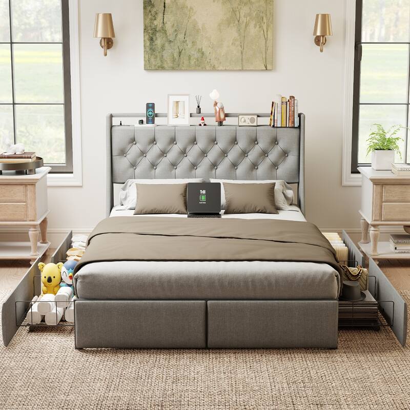 Metal Platform Bed Frame with Underbed Storage Drawers, LED Storage Headboard with Charging Station - Grey - Queen
