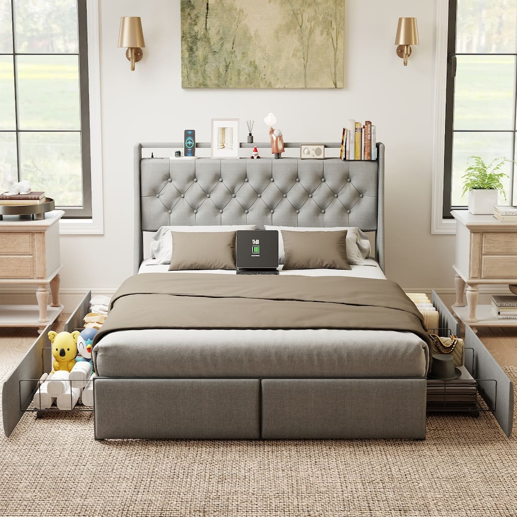 Metal Platform Bed Frame with Underbed Storage Drawers, LED Storage Headboard with Charging Station