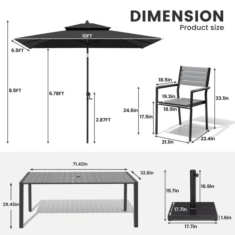 9/11-Piece Outdoor Patio Dining Set Aluminum Dining Table and Stackable Chairs w/10 ft Market Umbrella and Base