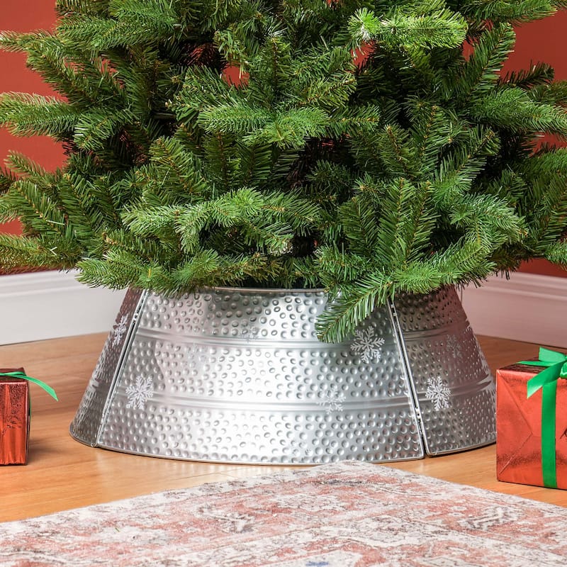 Bright Silver Christmas Tree Collar with Snowflake Engraving and Sturdy Metal Base Cover - 26" x 9" H