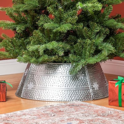 Bright Silver Christmas Tree Collar with Snowflake Engraving and Sturdy Metal Base Cover - 26" x 9" H
