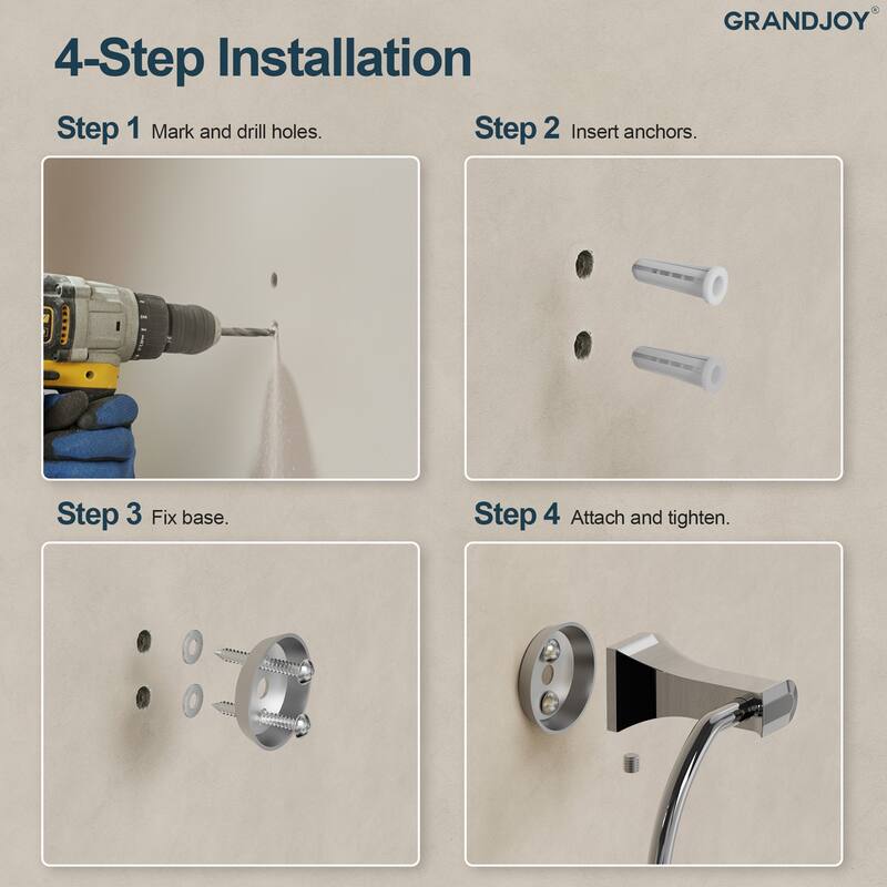 GRANDJOY 4-Piece Stainless Steel Bathroom Hardware Set with Wall Mount Double Towel Bar