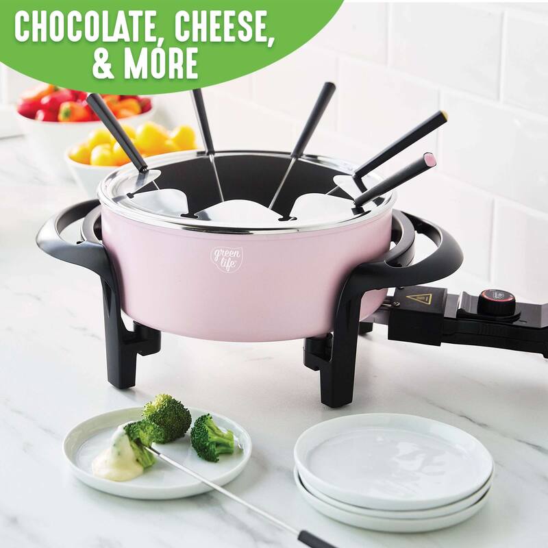 GreenLife Healthy Ceramic Nonstick 3QT Fondue Party Set with 8 Forks