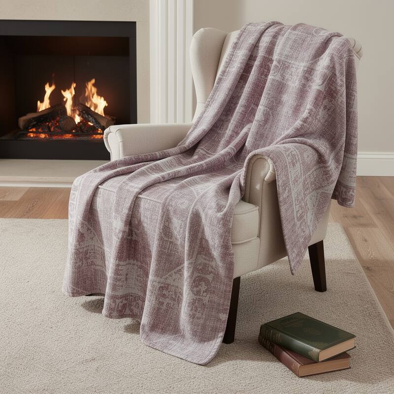 HomeRoots 50" X 70" Pink And Ivory Damask Microfiber Plush Throw Blanket - Throw - Pink/Ivory