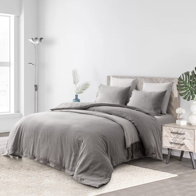 WHOLINENS Stone Washed French Linen Duvet Set 3Pcs Coconut Shell Button Closure