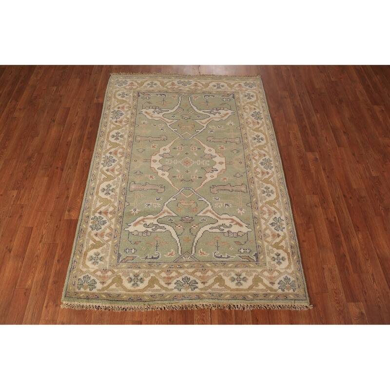 Light Green Oushak Oriental Rug Hand-Knotted Wool Carpet - 4'2"x 5'11"