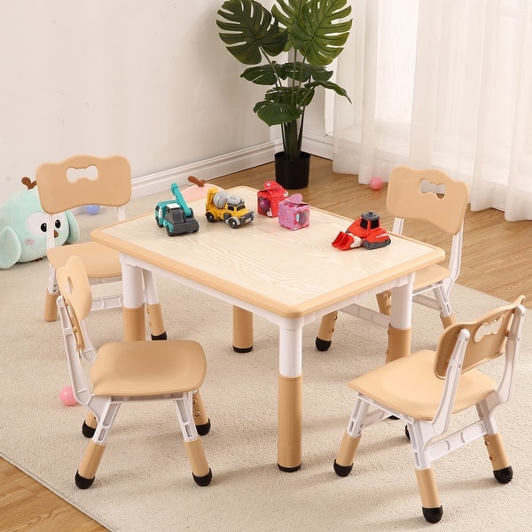 slide 2 of 42, Kids Table and 4 Chairs Set Height Adjustable for Ages 2-10 Easy to Wipe Multi-Activity Kids Table and Chair Set Non-Slip Natural