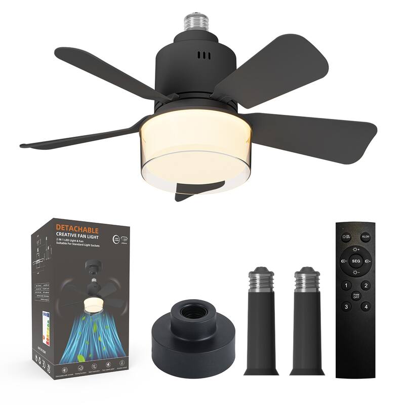 17.7 in. Indoor Socket Ceiling Fan Light with Remote, LED Light, 4 Fan Speeds, Dimmable, 3 Color Temperatures - Black