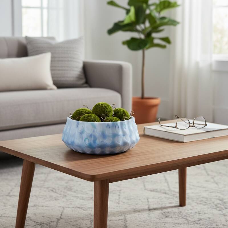 Decorative Modern Carved Glass Accent Bowl - 12", Blue - 11.75"