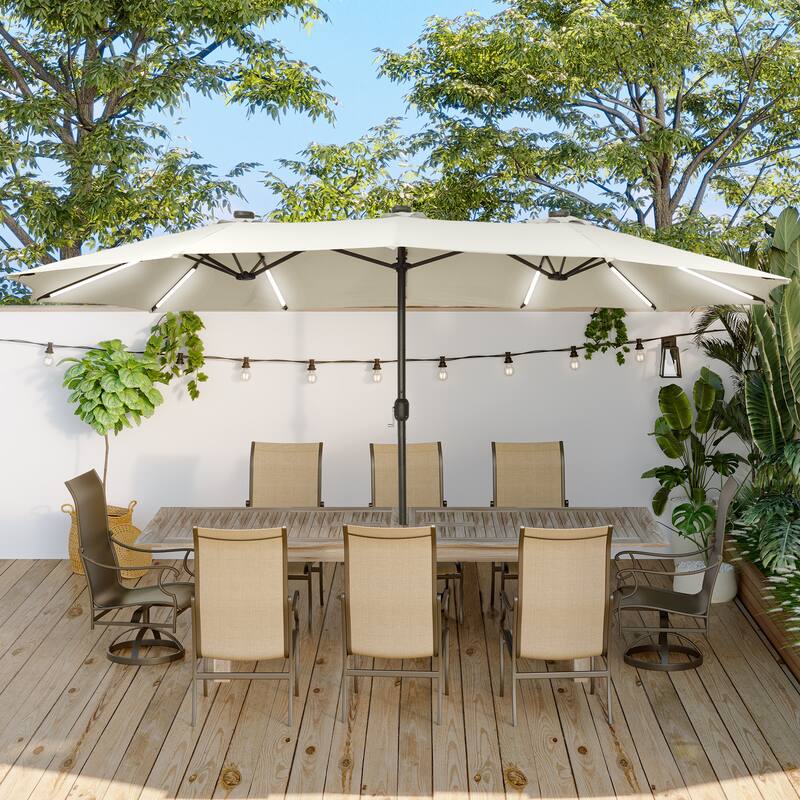 15 ft. Crank Double-sided Solar LED Ultra Lighted Outdoor Market Umbrella with Base Included