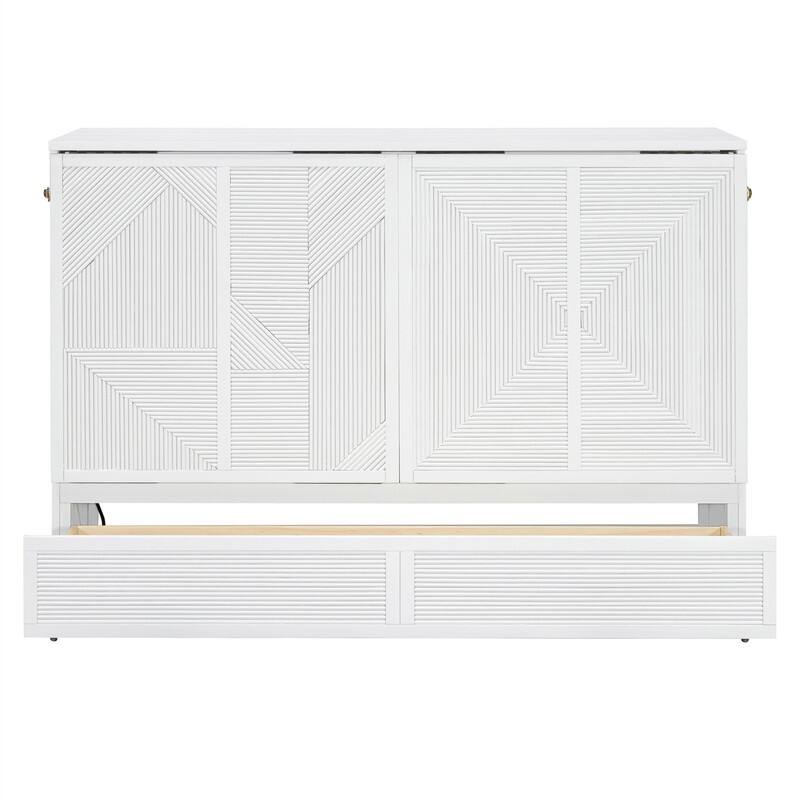Full/Queen Size Murphy Bed with a Large Storage Drawer, Modern Wall Bed Foldable Murphy Cabinet Bed with USB Ports and Outlets