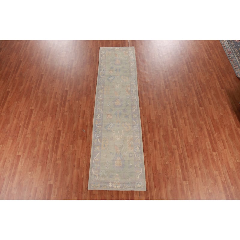 Hand Knotted Oriental 100% Wool Carpet Transitional Floral Green Oushak Runner Rug - 11' 9'' X 3' 1''