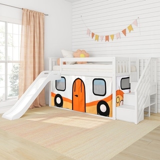 Twin Over Twin Low Bunk Bed with Stairs, Slide, & Camper Van Curtain