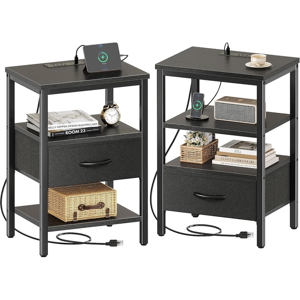 Nightstand Set of 2 with Charging Station and USB Ports, Storage End Table with Fabric Drawer, Night Stand for Small Spaces