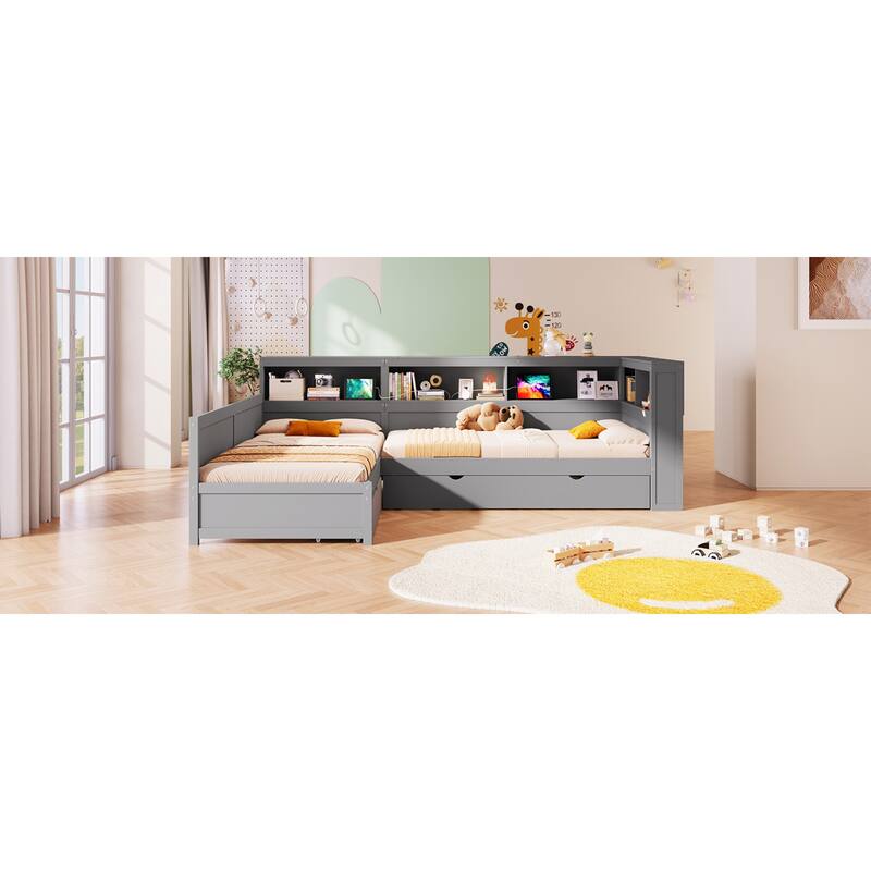 Roomfitters Twin L-Shaped Platform Bed with Trundle, Drawer and Charging Station