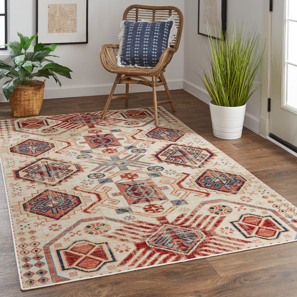 Kezia Vintage Style Tribal Kazak Rug, Ochre Red/Vanilla Beige