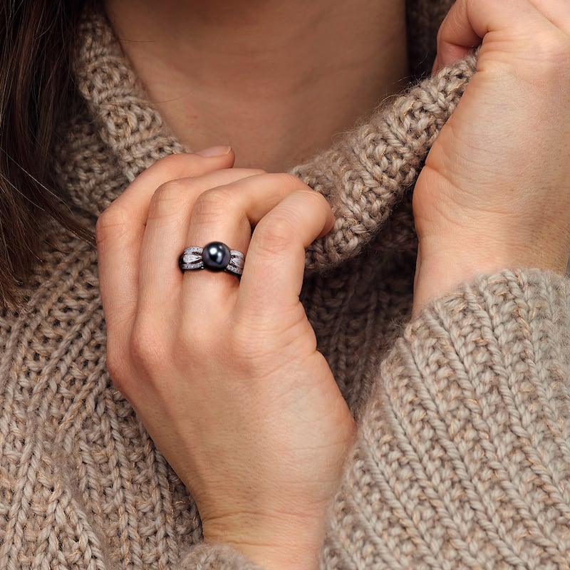 Miadora 9-9.5mm Black Tahitian Pearl and Diamond Split Shank Ring in Sterling Silver